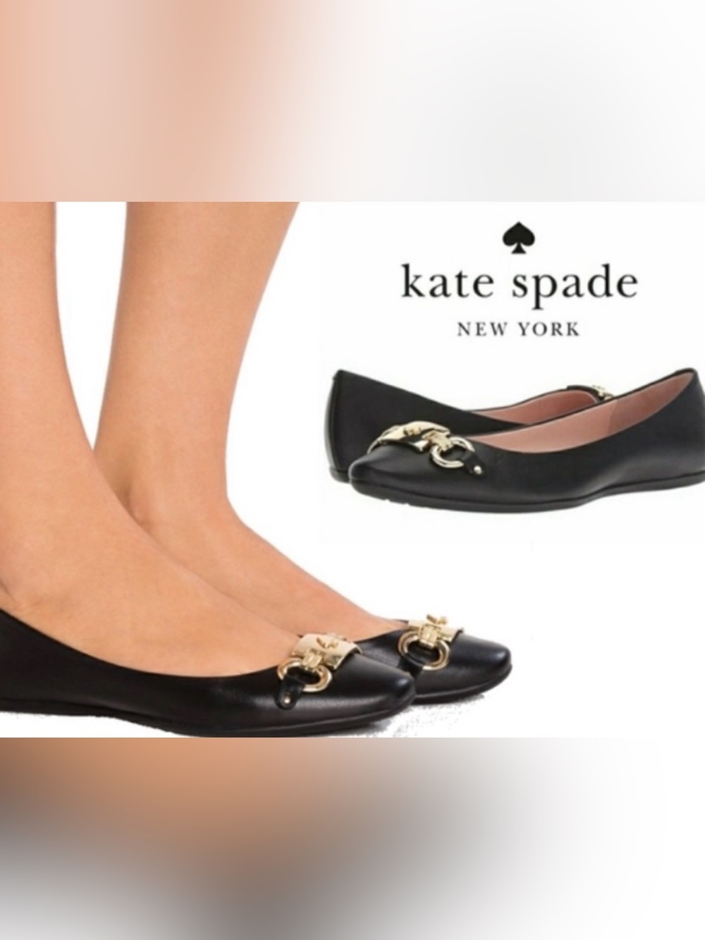 Kate Spade Black Leather Ballet Flats with Gold Hardware